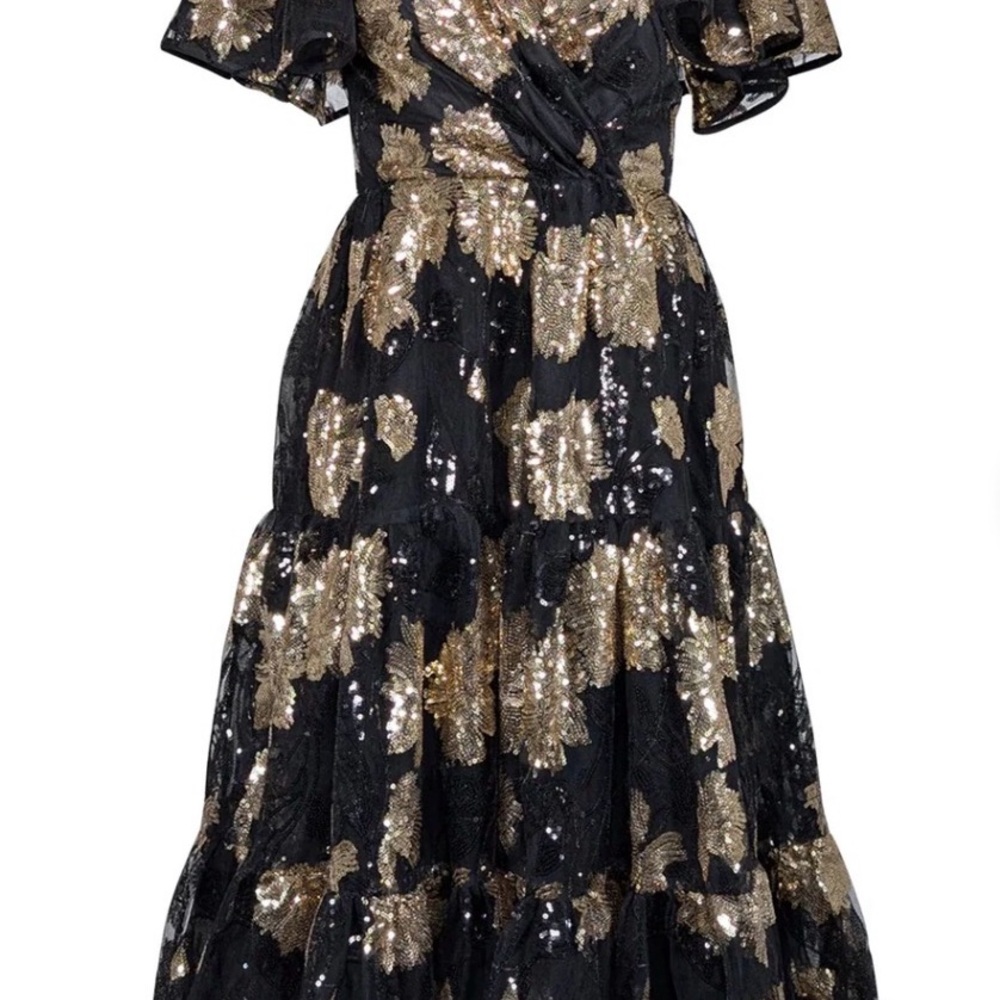 Black & Gold Sequin Tiered Midi Dress